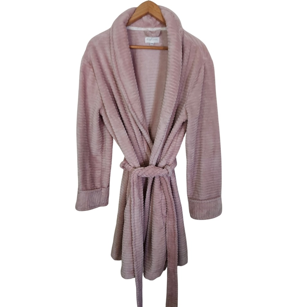 Blush Pink Ribbed Plush Robe L/XL Tie Waist Loungewear Soft Girl Spa Hygge Cozy